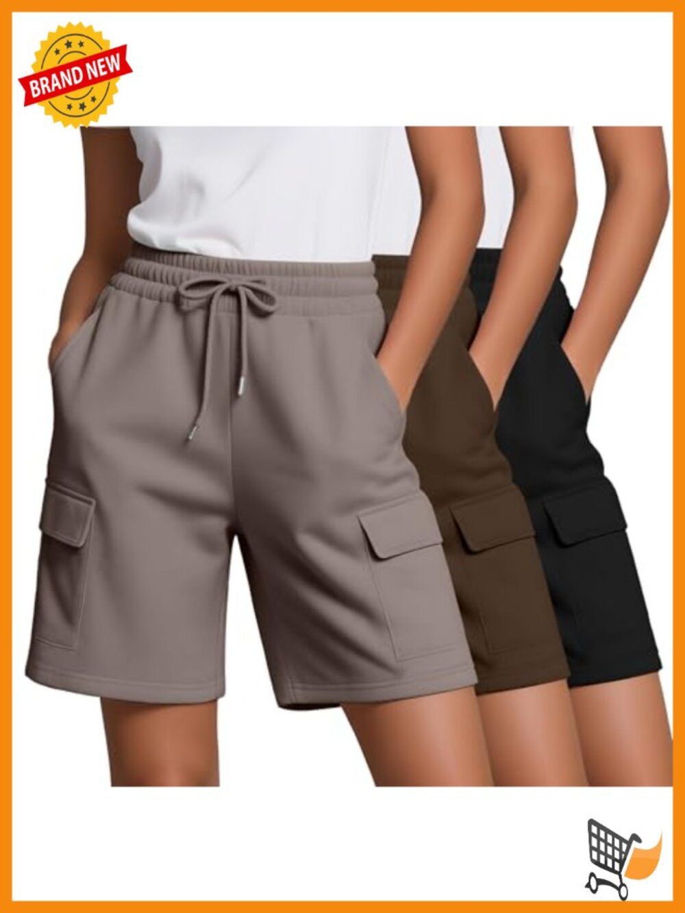 Bermuda Cargo Shorts with 4 Pockets Drawstring Elastic Waist